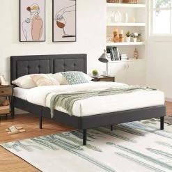 Metal + Wooden Bar Upholstered Premium Platform Bed, Grey Finely Polyfabric Upholstered Full Size Bed, 56.2"W by VECELO -Camaflexi Shop gray vecelo platform beds khd btj rf01 4f 1000