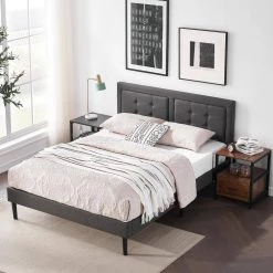 Metal + Wooden Bar Upholstered Premium Platform Bed, Grey Finely Polyfabric Upholstered Full Size Bed, 56.2"W by VECELO -Camaflexi Shop gray vecelo platform beds khd btj rf01 c3 1000