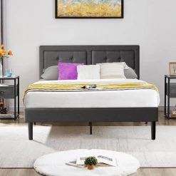 Metal + Wooden Bar Upholstered Premium Platform Bed, Grey Finely Polyfabric Upholstered Full Size Bed, 56.2"W by VECELO -Camaflexi Shop gray vecelo platform beds khd btj rf01 e1 1000