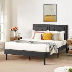Metal + Wooden Bar Upholstered Premium Platform Bed, Grey Finely Polyfabric Upholstered Full Size Bed, 56.2"W by VECELO -Camaflexi Shop gray vecelo platform beds khd btj rf01 fa 1000