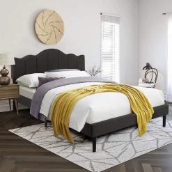 Queen Size Platform Bed Frame with Headboard Fabric Upholstered/No Box Spring Needed/Wood Slat Support 60.4 in. W by VECELO -Camaflexi Shop gray vecelo platform beds khd btj rq03 4f 1000