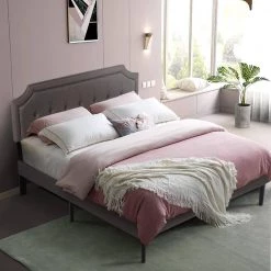 Queen Size Bed Frame with Headboard Upholstered Platform Bed with Sturdy Wood Slat Support Gray 60.4 in. W by VECELO -Camaflexi Shop gray vecelo platform beds qh btj rq002 31 1000