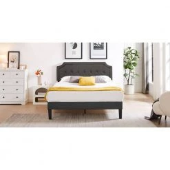 Queen Size Bed Frame with Headboard Upholstered Platform Bed with Sturdy Wood Slat Support Gray 60.4 in. W by VECELO -Camaflexi Shop gray vecelo platform beds qh btj rq002 66 1000