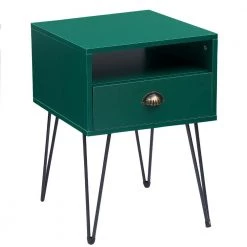 Nightstand 2-Tier Industrial End Side Table with Open Compartment & 1 Drawer, Green，23.7"Tx15.7"Wx15.7"L by VECELO