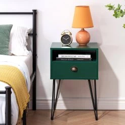 Nightstand 2-Tier Industrial End Side Table with Open Compartment & 1 Drawer, Green，23.7"Tx15.7"Wx15.7"L by VECELO -Camaflexi Shop green vecelo nightstands khd jyx ns09 grn 66 1000