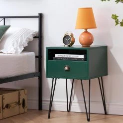 Nightstand 2-Tier Industrial End Side Table with Open Compartment & 1 Drawer, Green，23.7"Tx15.7"Wx15.7"L by VECELO -Camaflexi Shop green vecelo nightstands khd jyx ns09 grn c3 1000