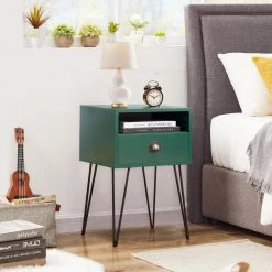 Nightstand 2-Tier Industrial End Side Table with Open Compartment & 1 Drawer, Green，23.7"Tx15.7"Wx15.7"L by VECELO -Camaflexi Shop green vecelo nightstands khd jyx ns09 grn fa 1000