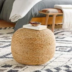 Daveth Solid Khaki Jute Round Accent Pouf by Artistic Weavers -Camaflexi Shop khaki artistic weavers ottomans s00161008655 31 1000