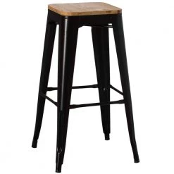 30 in. Large Decorative Accent Bar Stool for Indoor and Outdoor, Wooden Brown and Metal Black by Vintiquewise