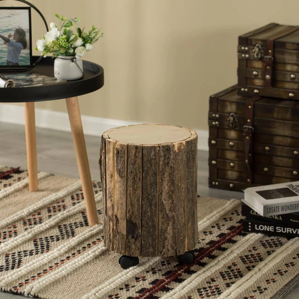 Accent Decorative Natural Wooden 14" Stump Stool With Wheels for Indoor and Outdoor by Vintiquewise 3 Accent Decorative Natural Wooden 14" Stump Stool With Wheels for Indoor and Outdoor by Vintiquewise - Image 2