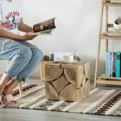Square Carved Natural Wood Side and Coffee Table Handmade 12 in. Living Room Furniture by Vintiquewise -Camaflexi Shop natural vintiquewise end side tables qi004266 31 1000