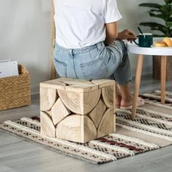 Square Carved Natural Wood Side and Coffee Table Handmade 12 in. Living Room Furniture by Vintiquewise -Camaflexi Shop natural vintiquewise end side tables qi004266 44 1000