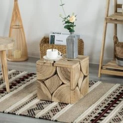 Square Carved Natural Wood Side and Coffee Table Handmade 12 in. Living Room Furniture by Vintiquewise -Camaflexi Shop natural vintiquewise end side tables qi004266 c3 1000