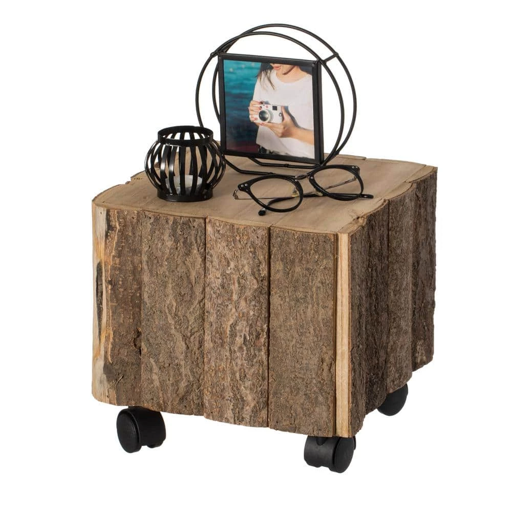 Accent Decorative Natural Wooden 10.75 Square Stump Stool, with Wheels for Indoor and Outdoor by Vintiquewise 3 Accent Decorative Natural Wooden 10.75 Square Stump Stool, with Wheels for Indoor and Outdoor by Vintiquewise