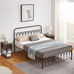 Classic Bed Frame, Purple Bronze Metal Frame, Queen Size Platform Bed with Victorian Style Iron-Art Headboard by VECELO -Camaflexi Shop purple bronze vecelo platform beds khd btj mbq09 aple 4f 1000