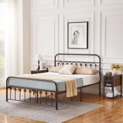 Classic Bed Frame, Purple Bronze Metal Frame, Queen Size Platform Bed with Victorian Style Iron-Art Headboard by VECELO -Camaflexi Shop purple bronze vecelo platform beds khd btj mbq09 aple c3 1000