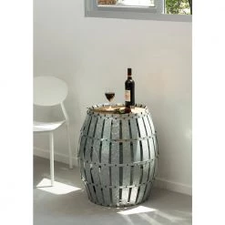 Round Wooden Rustic Wood and Galvanized Metal Barrel Shaped Side Table, Riveted Metal Strips by Vintiquewise -Camaflexi Shop rustic metal vintiquewise end side tables qi003742 4f 1000
