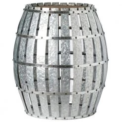 Round Wooden Rustic Wood and Galvanized Metal Barrel Shaped Side Table, Riveted Metal Strips by Vintiquewise