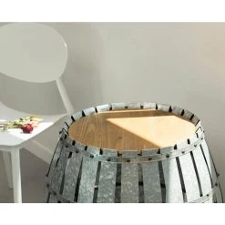 Round Wooden Rustic Wood and Galvanized Metal Barrel Shaped Side Table, Riveted Metal Strips by Vintiquewise -Camaflexi Shop rustic metal vintiquewise end side tables qi003742 76 1000