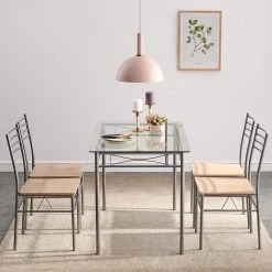 Dining Table Set, 5 Pieces Dining Set with Tempered Glass Top Table and 4 Chairs For Dining Room, Silver, 43.3 in. L by VECELO -Camaflexi Shop silver vecelo kitchen dining tables khd xjm tc02 1f 1000