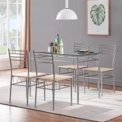 Dining Table Set, 5 Pieces Dining Set with Tempered Glass Top Table and 4 Chairs For Dining Room, Silver, 43.3 in. L by VECELO -Camaflexi Shop silver vecelo kitchen dining tables khd xjm tc02 31 1000
