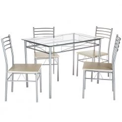 Dining Table Set, 5 Pieces Dining Set with Tempered Glass Top Table and 4 Chairs For Dining Room, Silver, 43.3 in. L by VECELO