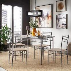 Dining Table Set, 5 Pieces Dining Set with Tempered Glass Top Table and 4 Chairs For Dining Room, Silver, 43.3 in. L by VECELO -Camaflexi Shop silver vecelo kitchen dining tables khd xjm tc02 66 1000