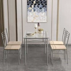 Dining Table Set, 5 Pieces Dining Set with Tempered Glass Top Table and 4 Chairs For Dining Room, Silver, 43.3 in. L by VECELO -Camaflexi Shop silver vecelo kitchen dining tables khd xjm tc02 a0 1000