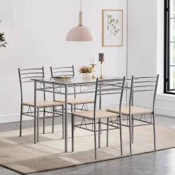 Dining Table Set, 5 Pieces Dining Set with Tempered Glass Top Table and 4 Chairs For Dining Room, Silver, 43.3 in. L by VECELO -Camaflexi Shop silver vecelo kitchen dining tables khd xjm tc02 c3 1000
