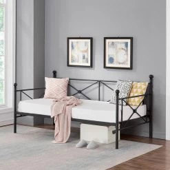 Classic Metal Daybed Frame Multifunctional Mattress Foundation/Bed Sofa with Headboard Twin Black by VECELO -Camaflexi Shop victoria style black 1 vecelo daybeds khd yt t22 black 66 1000