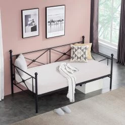 Classic Metal Daybed Frame Multifunctional Mattress Foundation/Bed Sofa with Headboard Twin Black by VECELO -Camaflexi Shop victoria style black 1 vecelo daybeds khd yt t22 black c3 1000