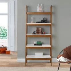 Mid Century Modern 74 in. White / Castanho Wood 5-Shelf Open Bookcase with Solid Wood Frame by Camaflexi -Camaflexi Shop white castanho camaflexi bookcases bookshelves md23312 31 1000