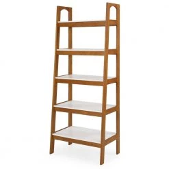 Mid Century Modern 74 in. White / Castanho Wood 5-Shelf Open Bookcase with Solid Wood Frame by Camaflexi