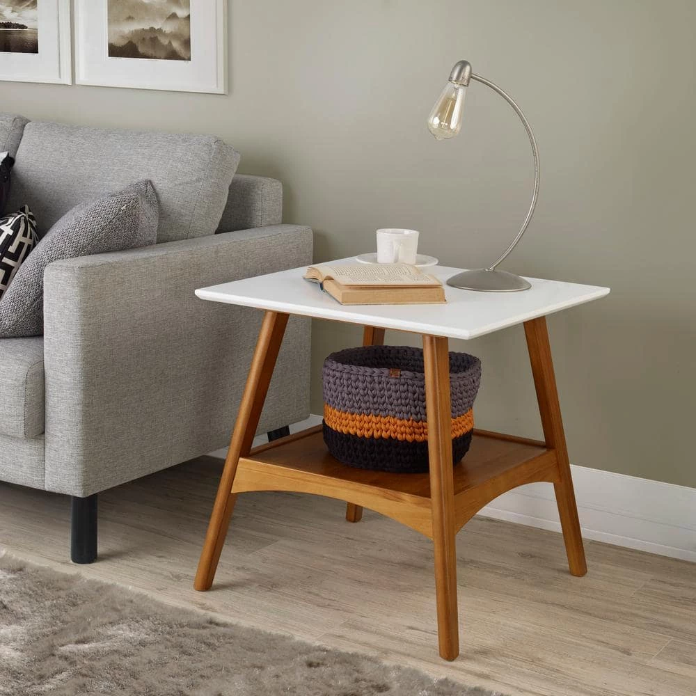 Mid Century Modern 22 in. Castanho / White Square Engineered Wood Top End Table with Solid Base by Camaflexi 4 Mid Century Modern 22 in. Castanho / White Square Engineered Wood Top End Table with Solid Base by Camaflexi - Image 2