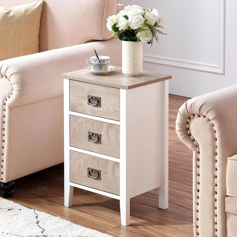 Nightstands End/Side Tables for Living Room Bedside with Three Storage Drawer, Vintage Accent Furniture,White & Oak by VECELO 5 Nightstands End/Side Tables for Living Room Bedside with Three Storage Drawer, Vintage Accent Furniture,White & Oak by VECELO - Image 3