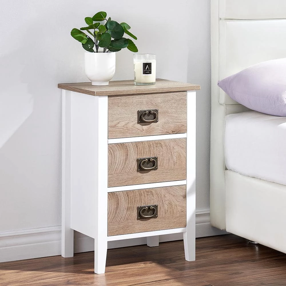 Nightstands End/Side Tables for Living Room Bedside with Three Storage Drawer, Vintage Accent Furniture,White & Oak by VECELO 4 Nightstands End/Side Tables for Living Room Bedside with Three Storage Drawer, Vintage Accent Furniture,White & Oak by VECELO - Image 2