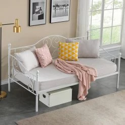 Metal Daybed Frame，White Modern Twin Daybed Frame ，Child Bed Sofa Multifunctional Mattress Foundation，Steel Slats by VECELO -Camaflexi Shop white vecelo daybeds khd yt t24 white 44 1000