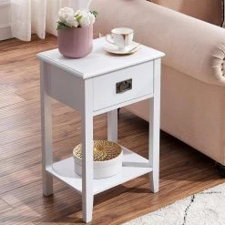 Tall Nightstand, Bedside Table with 1 Drawers and Storage Shelf, Industrial End Table, 23.6"H X 11.8"W X 15.7"L, White by VECELO 12 Tall Nightstand, Bedside Table with 1 Drawers and Storage Shelf, Industrial End Table, 23.6"H X 11.8"W X 15.7"L, White by VECELO -Camaflexi Shop white vecelo nightstands khd hd ns13 whe 66 1000