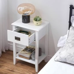 Tall Nightstand, Bedside Table with 1 Drawers and Storage Shelf, Industrial End Table, 23.6"H X 11.8"W X 15.7"L, White by VECELO 13 Tall Nightstand, Bedside Table with 1 Drawers and Storage Shelf, Industrial End Table, 23.6"H X 11.8"W X 15.7"L, White by VECELO -Camaflexi Shop white vecelo nightstands khd hd ns13 whe c3 1000