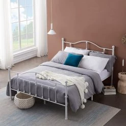 Queen Size Victorian Style Metal Bed Frame with Headboard, Mattress Foundation, Under Bed Storage, 60" W, White by VECELO -Camaflexi Shop white vecelo platform beds khd yt q01 uw 40 1000