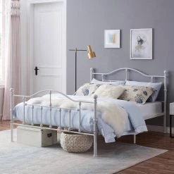 Queen Size Victorian Style Metal Bed Frame with Headboard, Mattress Foundation, Under Bed Storage, 60" W, White by VECELO -Camaflexi Shop white vecelo platform beds khd yt q01 uw 44 1000