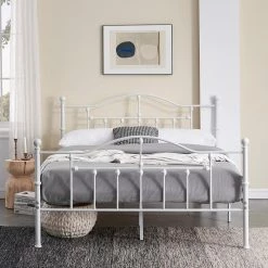 Queen Size Victorian Style Metal Bed Frame with Headboard, Mattress Foundation, Under Bed Storage, 60" W, White by VECELO -Camaflexi Shop white vecelo platform beds khd yt q01 uw 66 1000