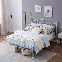 Queen Size Victorian Style Metal Bed Frame with Headboard, Mattress Foundation, Under Bed Storage, 60" W, White by VECELO -Camaflexi Shop white vecelo platform beds khd yt q01 uw fa 1000