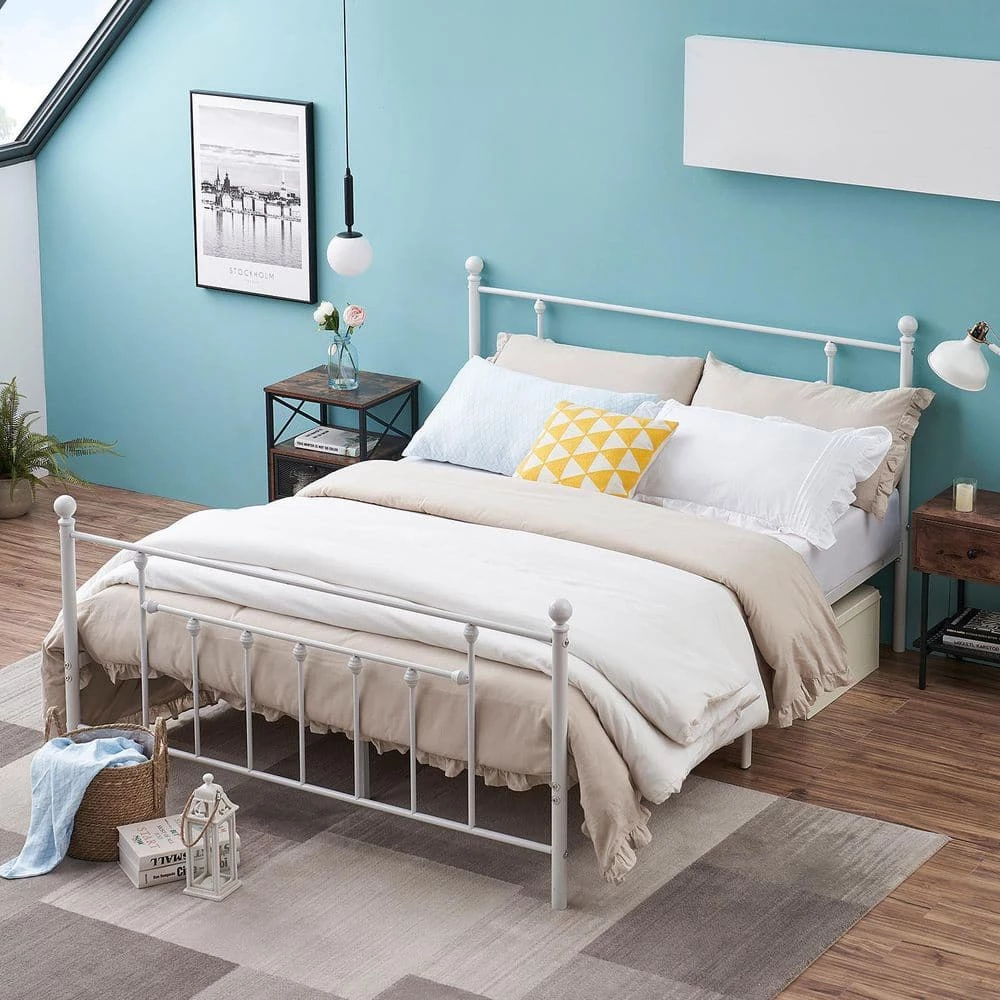 60 in. W White Queen size Classic Metal Platform Bed Frame with Victorian Style Iron-Art Headboard/Footboard Storage by VECELO 11 60 in. W White Queen size Classic Metal Platform Bed Frame with Victorian Style Iron-Art Headboard/Footboard Storage by VECELO - Image 9