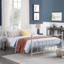 60 in. W White Queen size Classic Metal Platform Bed Frame with Victorian Style Iron-Art Headboard/Footboard Storage by VECELO 16 60 in. W White Queen size Classic Metal Platform Bed Frame with Victorian Style Iron-Art Headboard/Footboard Storage by VECELO -Camaflexi Shop white vecelo platform beds khd yt q01 white 44 1000