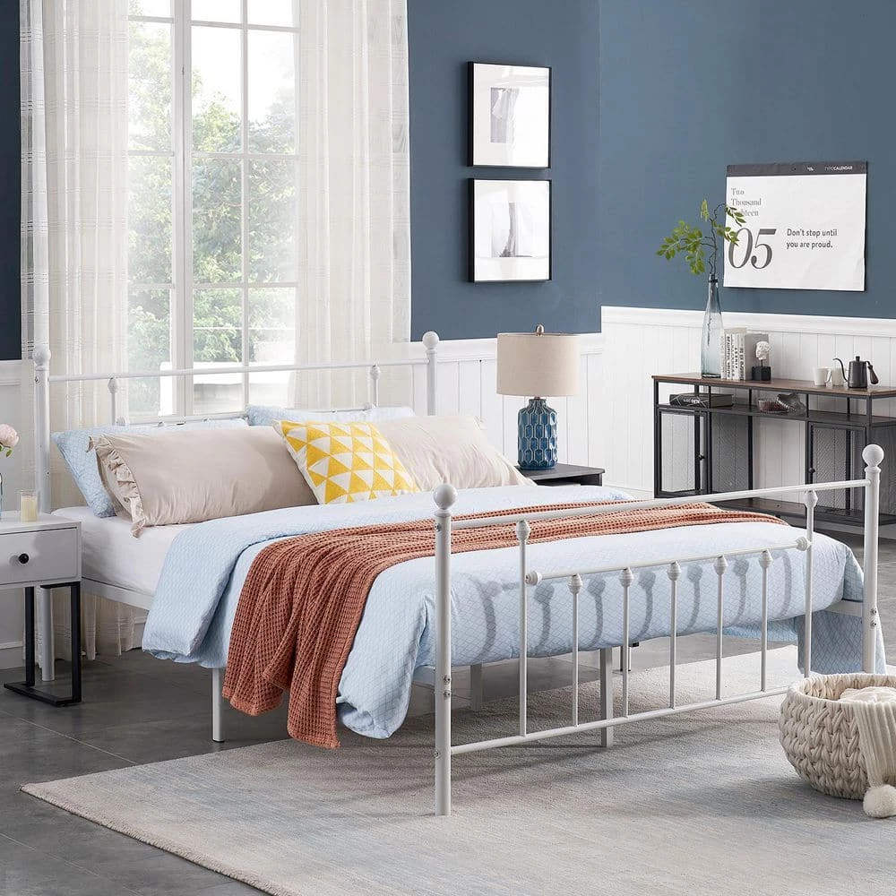 60 in. W White Queen size Classic Metal Platform Bed Frame with Victorian Style Iron-Art Headboard/Footboard Storage by VECELO 8 60 in. W White Queen size Classic Metal Platform Bed Frame with Victorian Style Iron-Art Headboard/Footboard Storage by VECELO - Image 6