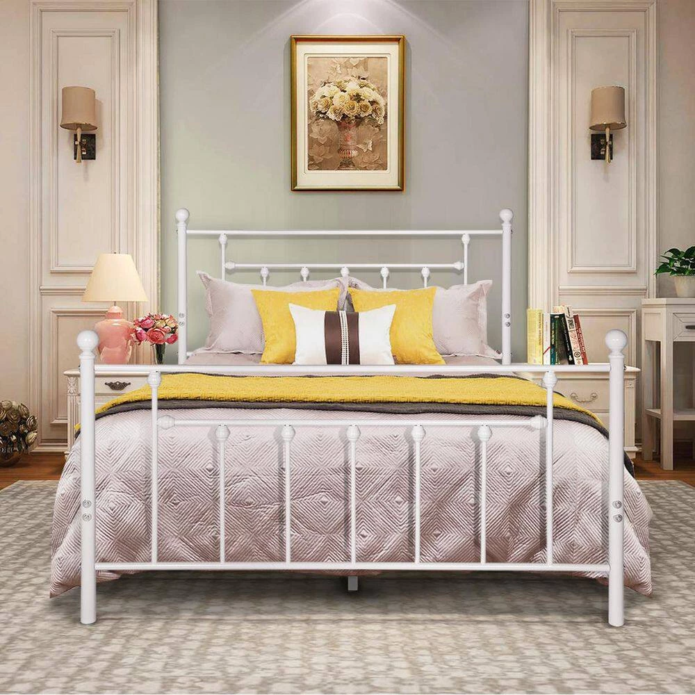 60 in. W White Queen size Classic Metal Platform Bed Frame with Victorian Style Iron-Art Headboard/Footboard Storage by VECELO 4 60 in. W White Queen size Classic Metal Platform Bed Frame with Victorian Style Iron-Art Headboard/Footboard Storage by VECELO - Image 2