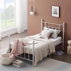 39 in. W White Twin size Classic Metal Platform Bed Frame with Victorian Style Iron-Art Headboard/Footboard Storage by VECELO -Camaflexi Shop white vecelo platform beds white 001 31 1000