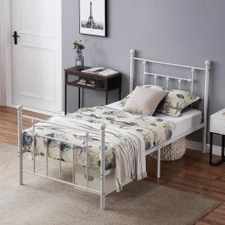 39 in. W White Twin size Classic Metal Platform Bed Frame with Victorian Style Iron-Art Headboard/Footboard Storage by VECELO -Camaflexi Shop white vecelo platform beds white 001 4f 1000