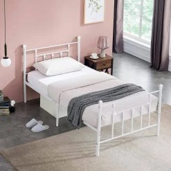 39 in. W White Twin size Classic Metal Platform Bed Frame with Victorian Style Iron-Art Headboard/Footboard Storage by VECELO -Camaflexi Shop white vecelo platform beds white 001 c3 1000